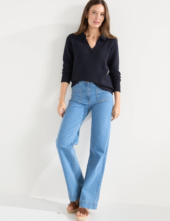 Pull col polo, maille fantaisie  (marine)