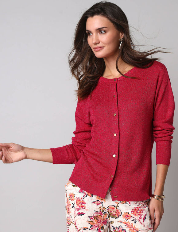 Gilet fine maille et fil brillant, manches longues (framboise)