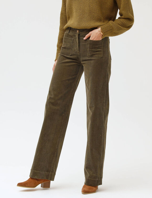 Pantalon velours coupe large taille haute, petite stature (kaki)
