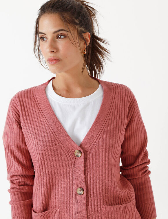 Gilet col V, maille côtelée (terracotta)