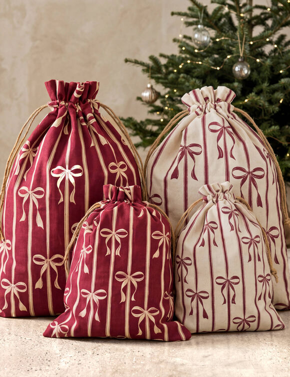 Stoffen zakje met strikmotief - set van 2 (naturel/rood)