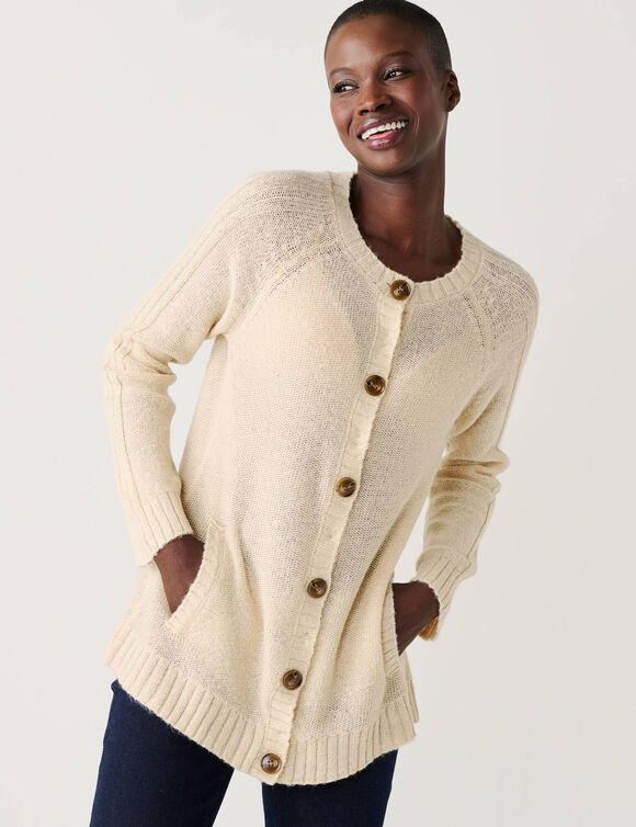 Gilet boutonn&eacute; manches longues, laine et mohair m&eacute;lang&eacute;s (beige)