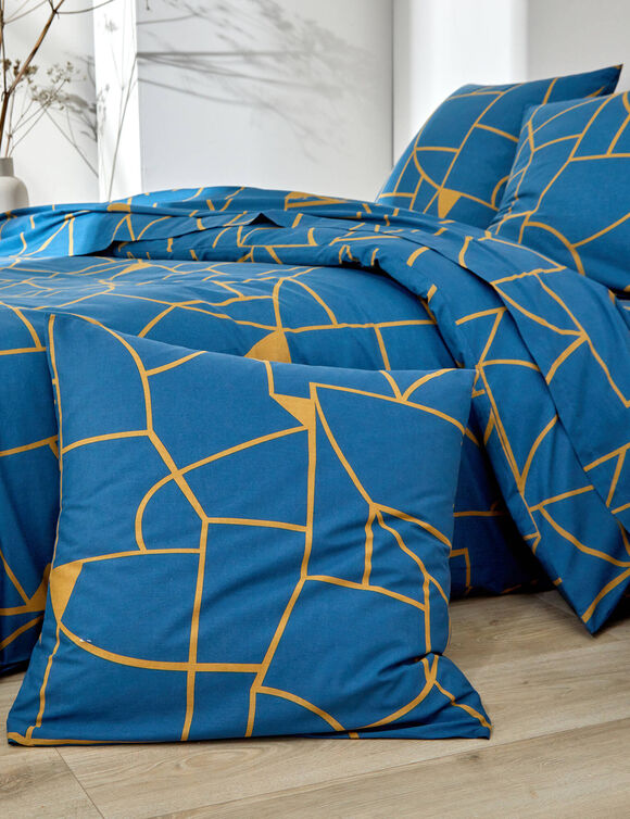 Linge de lit Geoffroy en coton &agrave; motifs graphiques (bleu paon)