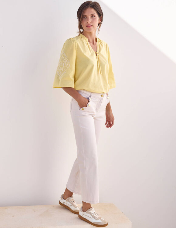 Blouse ample, manches 3/4 brod&eacute;es (jaune)