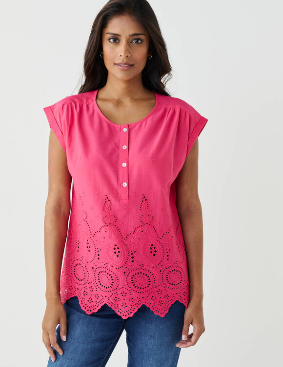 Blouse en broderie anglaise, sans manches (framboise)