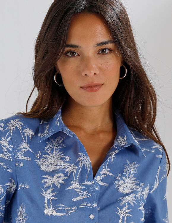 Chemise imprim&eacute; palmiers bicolore (bleu / blanc)