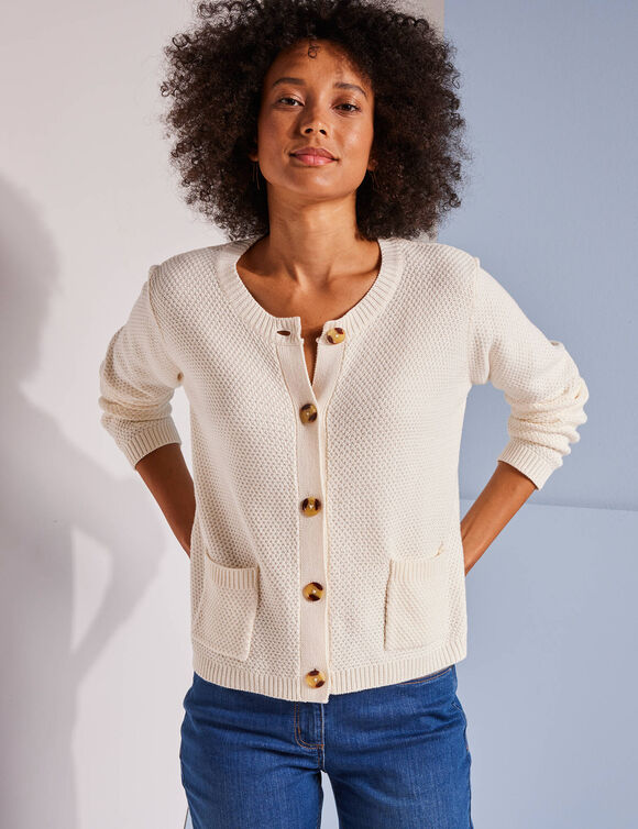 Gilet paletot maille fantaisie, boutons effet corne (&eacute;cru)