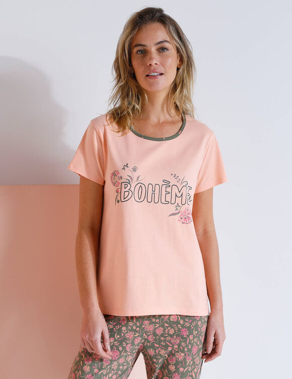 T-shirt manches courtes coton uni imprim&eacute; plac&eacute; "Boh&egrave;me"  (p&ecirc;che)