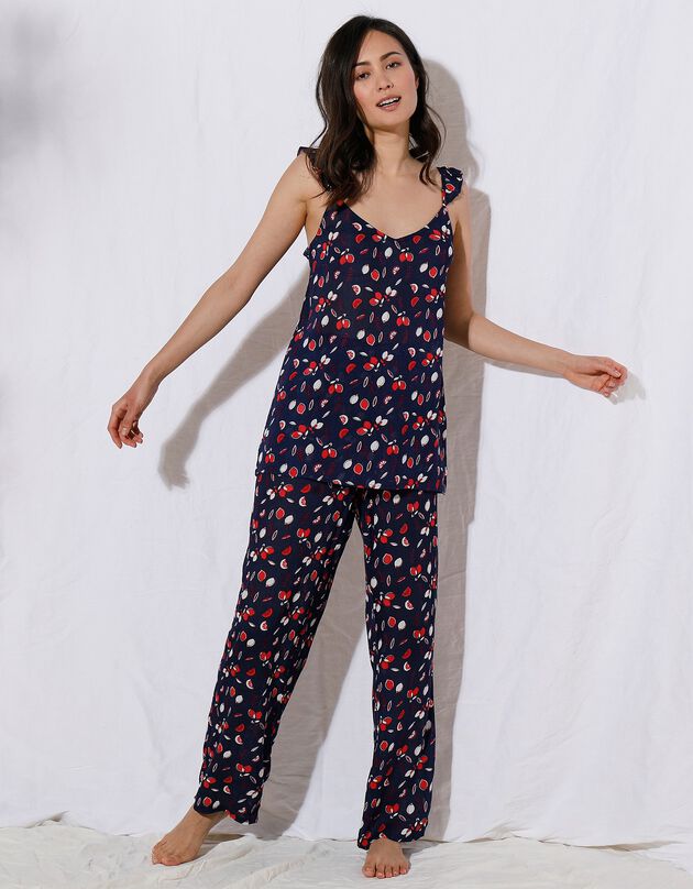 Pyjama in viscose met fijne bandjes en 'citroen' print (marine / rood)