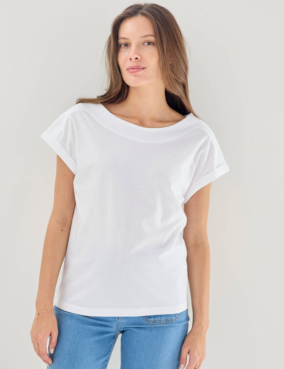 T-shirt uni col bateau, manches courtes (blanc)