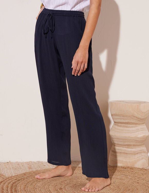 Pantalon droit uni, crépon fluide (marine)