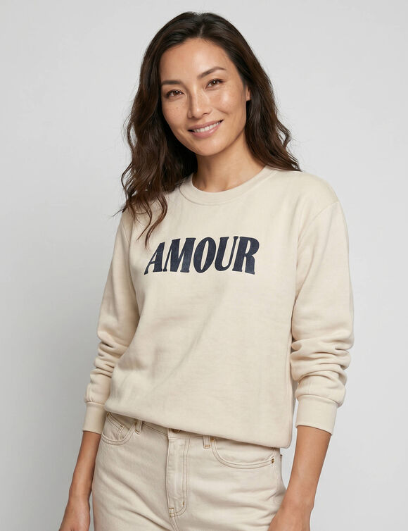Sweatshirt met glanzende &lsquo;Amour&rsquo;-opdruk, van geruwd molton (ecru)
