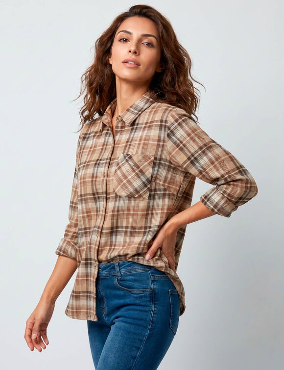 Chemise flanelle &agrave; carreaux (beige / chocolat)
