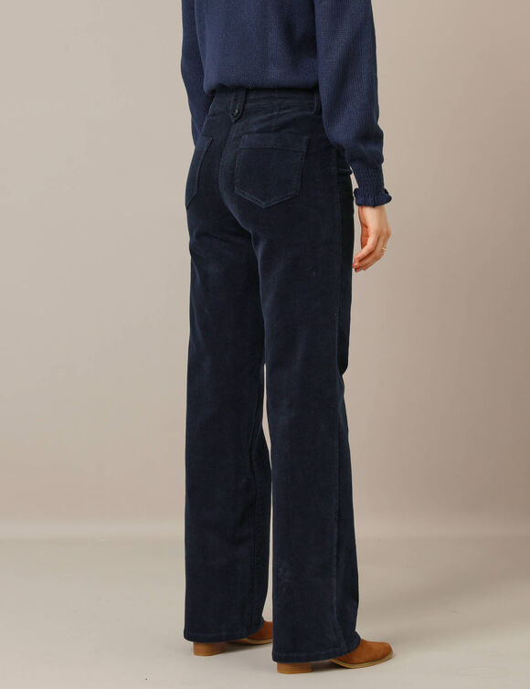 Pantalon large droit, velours côtelé (marine)