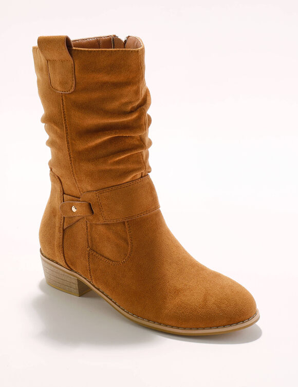 Bottes mi-hautes pliss&eacute;es &agrave; petit talon effet bois (caramel)
