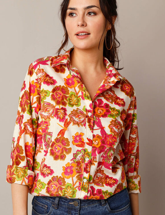 Chemisier boutonné imprimé fleurs, voile de coton (beige)