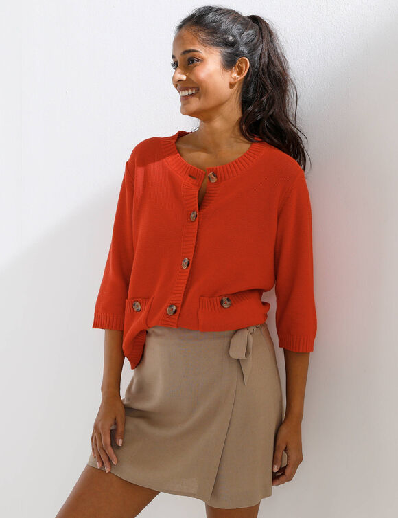 Cardigan boutonn&eacute; &agrave; poches, manches coude (rouge orange)