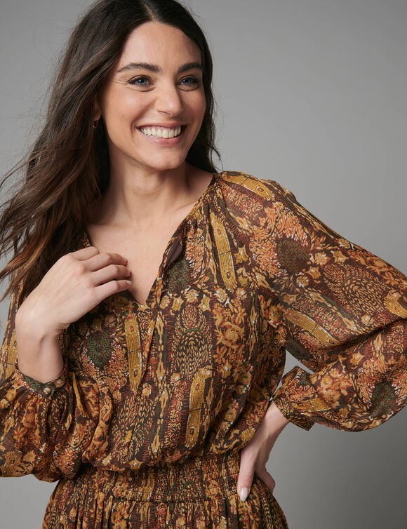 Robe courte en voile imprim&eacute; (chocolat / vert)