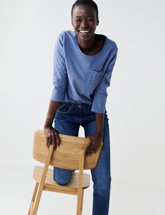 T-shirt col rond manches 3/4, broderie anglaise  (bleu jean)