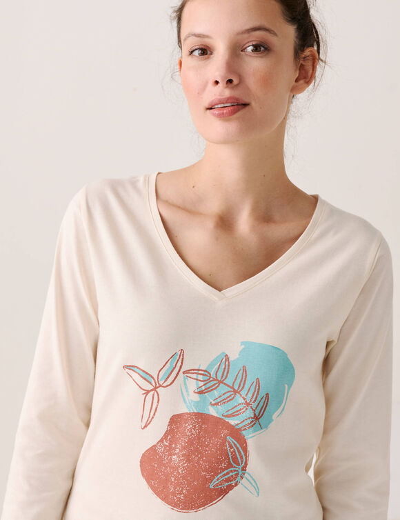 T-shirt de pyjama manches longues imprim&eacute; "feuillage" (&eacute;cru)