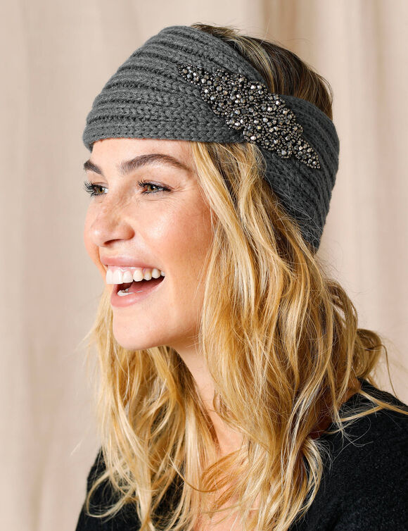 Headband in tricot met juweel (grijs)