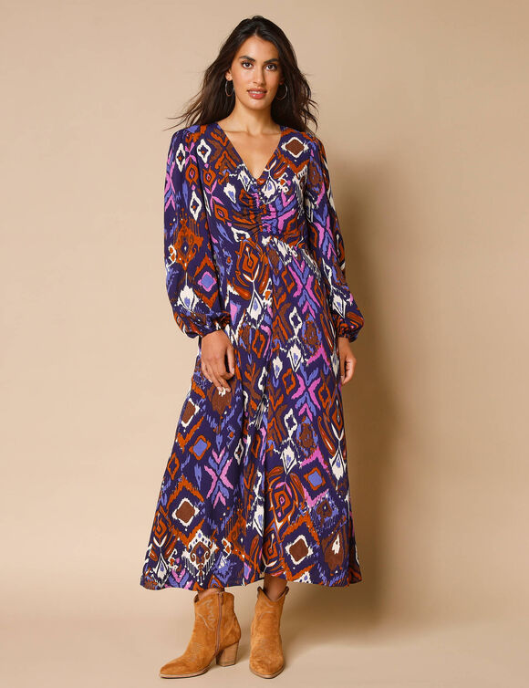 Lange jurk met V-hals, bedrukt (indigo / violine)