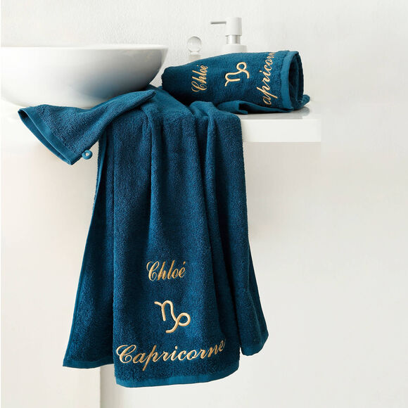 Serviettes de bain brodées Capricorne personnalisable - 420g/m2 (bleu paon)