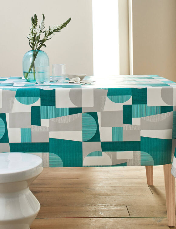 Tafellaken in toile cirée met duo patchwork print (grijs / blauw)