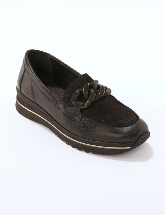 Comfortabele mocassins in leer met elastiek en sleehak (zwart)