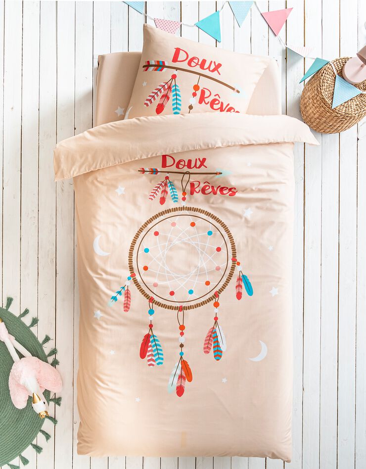 Bedrukt bedlinnen voor kinderen, dreamcatcherprint, 1 persoon - katoen (roze)
