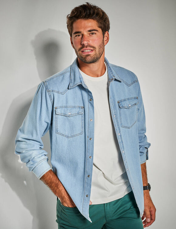 Chemise pressionn&eacute;e manches longues en jean (bleached)