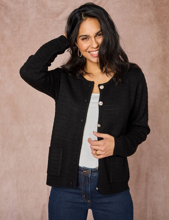 Cardigan uni maille fantaisie (noir)