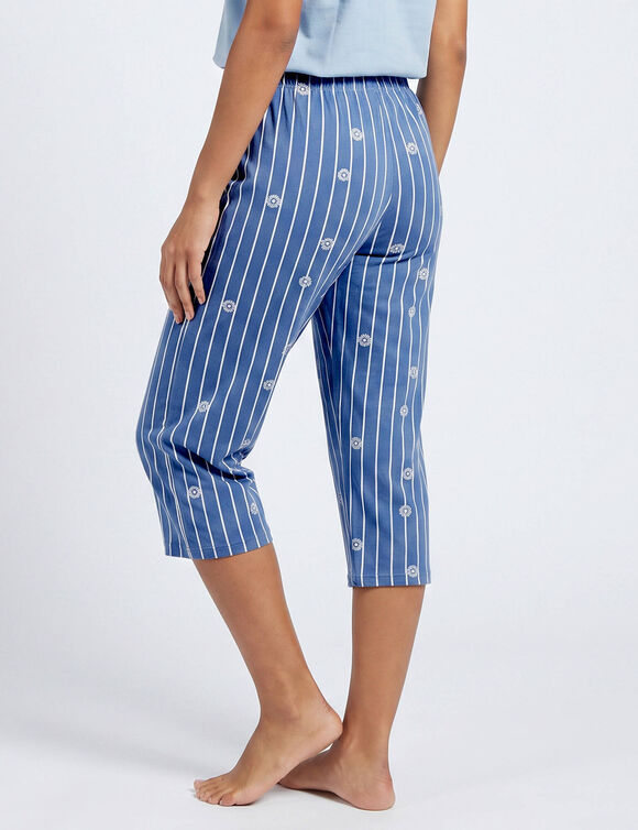 Pantacourt pyjama ray&eacute; &laquo;charme botanique&raquo; (bleu / &eacute;cru)