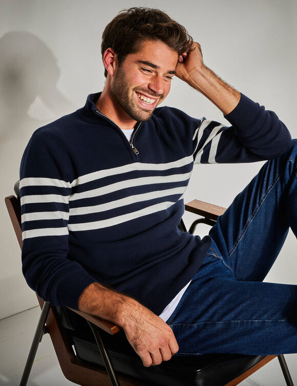 Pull rayé col polo zippé maille serrée (marine)