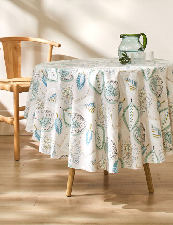 Nappe toile cirée imprimé feuilles (gris / bleu)