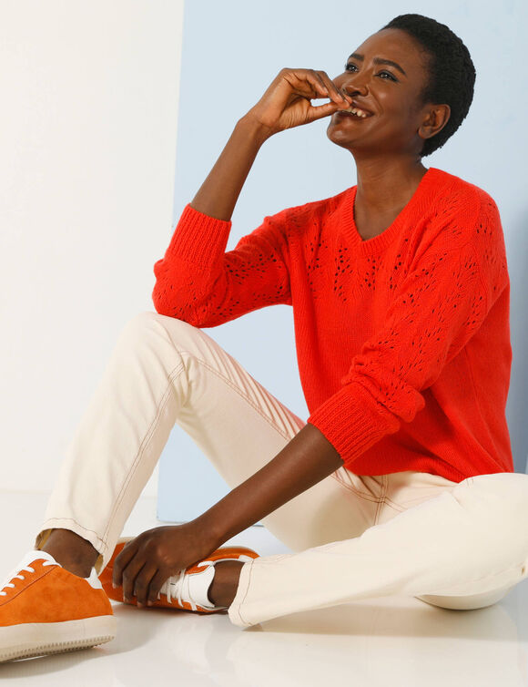 Pull manches blousantes, maille ajourée (orange)