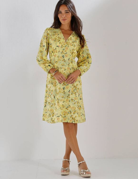 Robe imprim&eacute;e, d&eacute;collet&eacute; cache-c&oelig;ur (jaune)