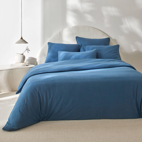 Linge de lit uni en jersey passepoilé coton (bleu)
