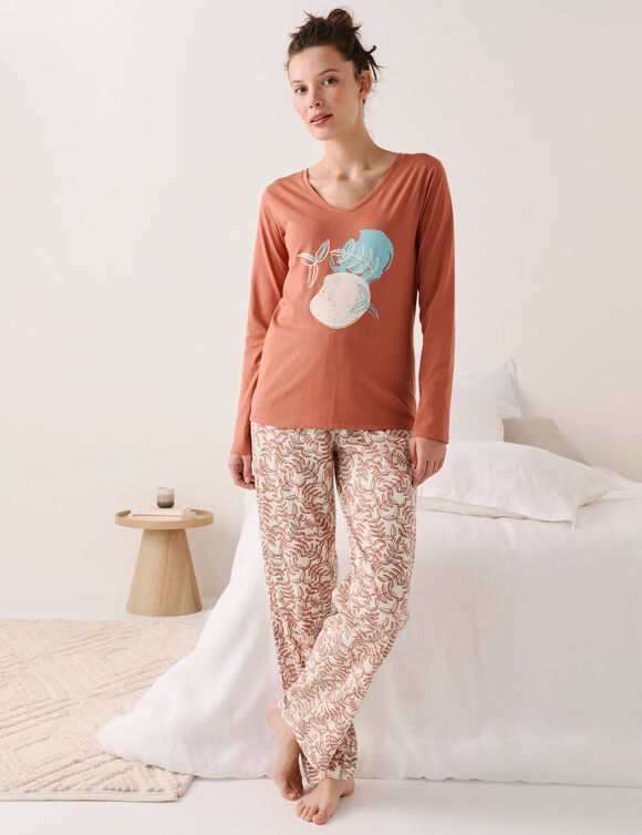 T-shirt de pyjama manches longues imprim&eacute; "feuillage" (terracotta)