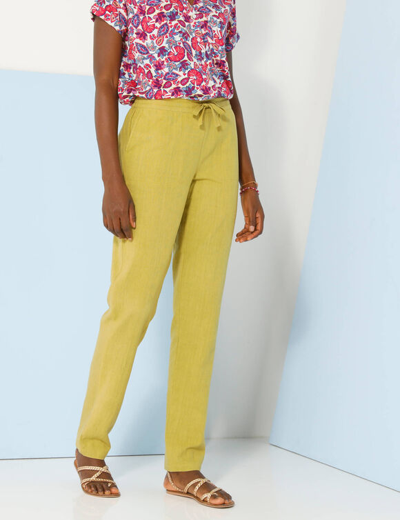 Pantalon fuselé fluide, lin-coton (vert mousse)