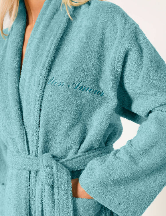 Unisex badjas voor volwassenen met gepersonaliseerde sjaalkraag - lusjesbadstof 380 g/m&sup2; (watergroen)