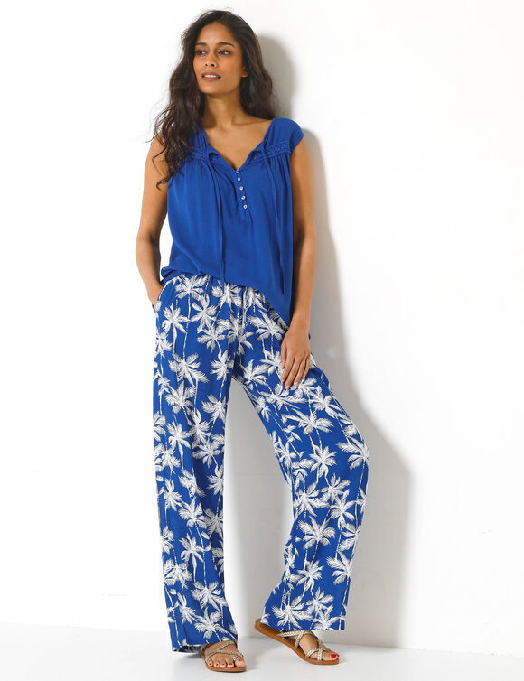 Soepele wijde broek, palmbomenprint (felblauw / wit)