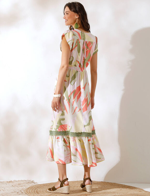 Robe longue imprimée, petits mancherons volantés (écru / vert)