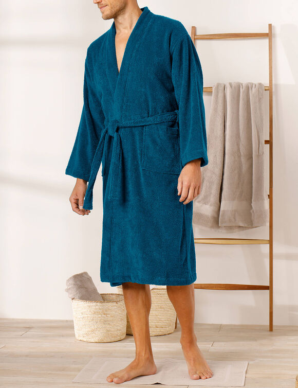 Peignoir mixte adulte col kimono éponge bouclette  (bleu paon)