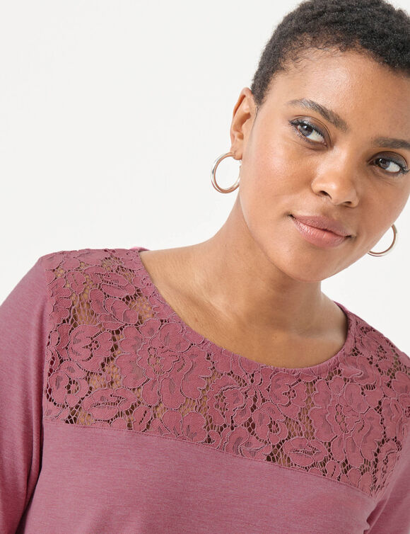 T-shirt col rond manches longues dentelle (bois de rose chiné)