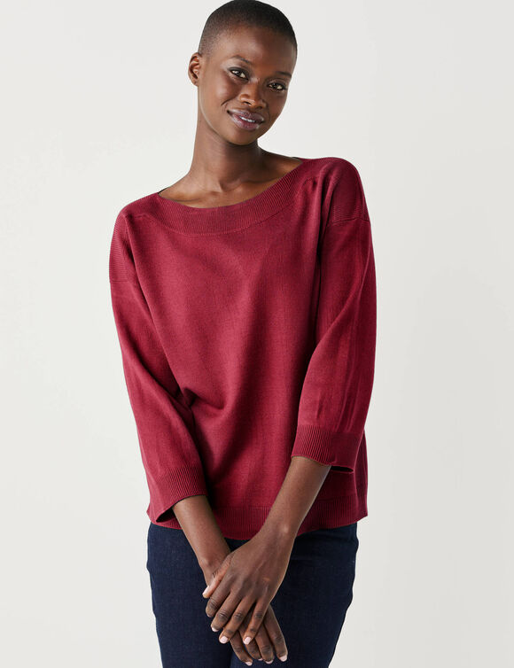 Pull col bateau manches 3/4, toucher doux (prune)
