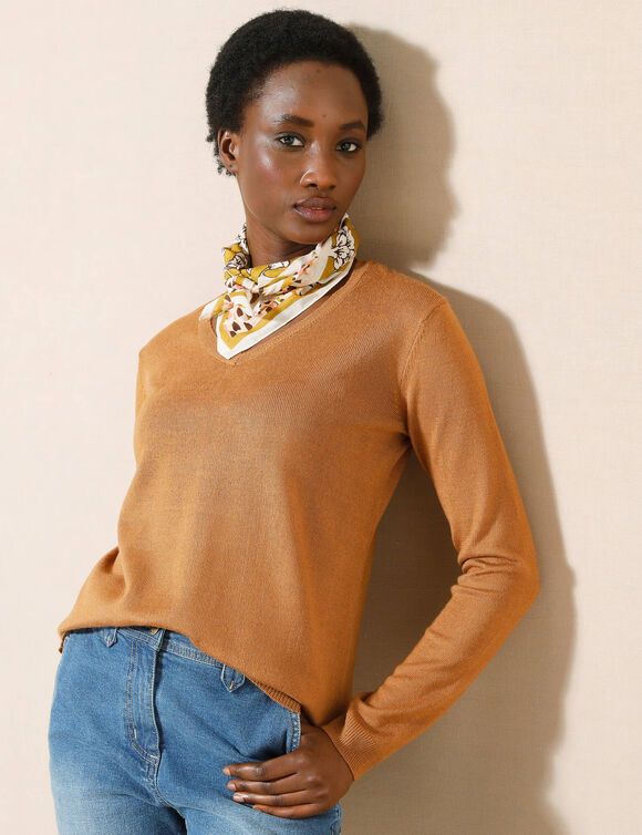 Pull col V, toucher doux (noisette)