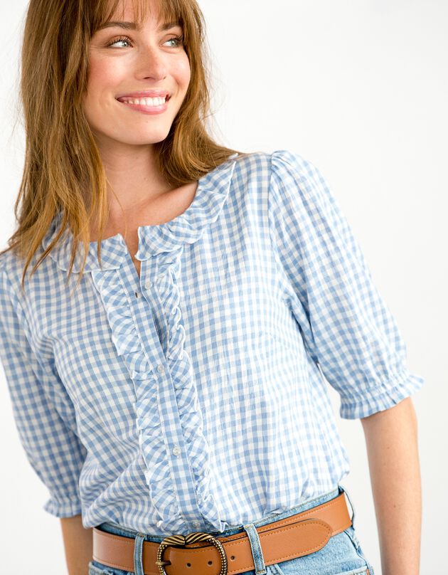 Blouse volantée carreaux vichy manches coude blousantes (écru / bleu)