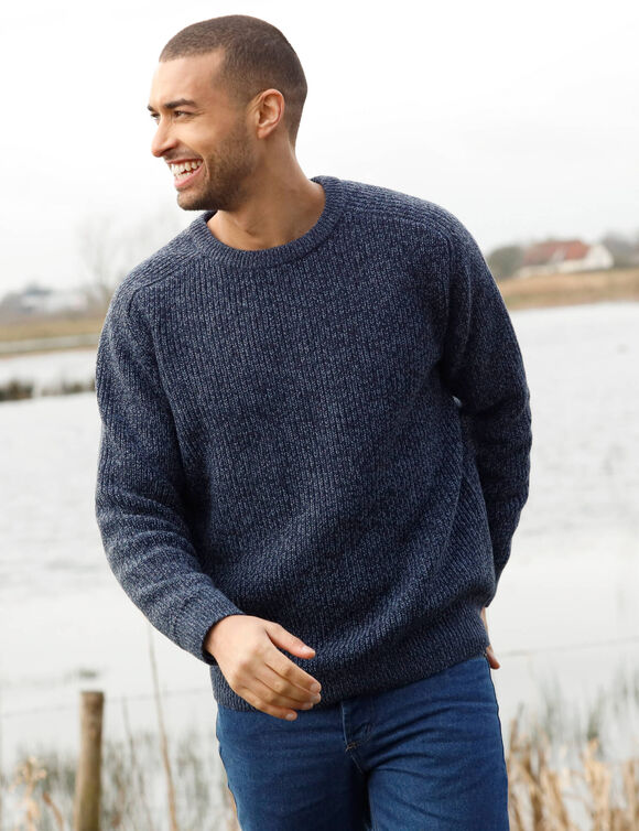 Trui met ronde hals en haak ingezette mouwen, patenttricot met 30% wol (gespikkeld blauw)