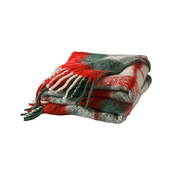 Plaid met franjes, geweven en geverfde geruite patronen (ecru / rood / groen)